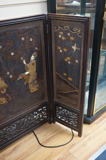 A Japanese folding wood and shibayama screen, height 89cm